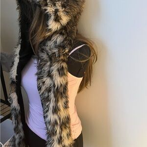 Chic Faux Fur Hooded Wrap with zipper pocket